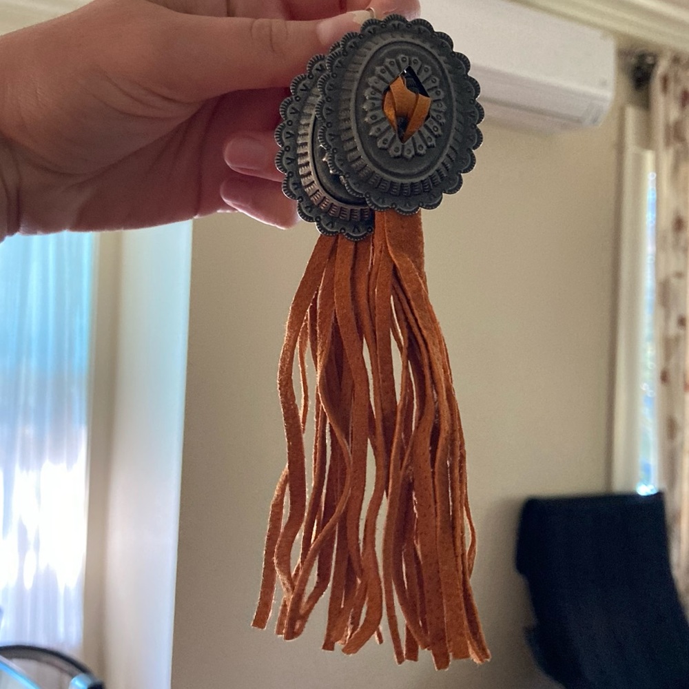 Concho Earrings with Leather Tassels